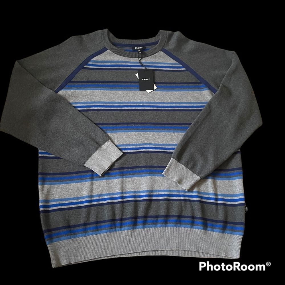 DKNY Knit Stripe Sweater Men's Size XXL Gray/Blue NEW Pullover